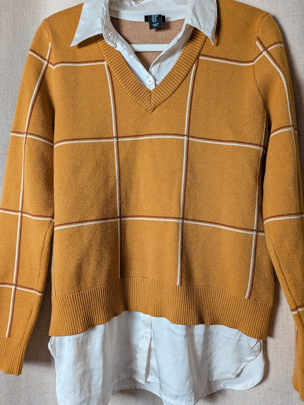 Jones & Co Layered Sweater Blouse Mustard Plaid M